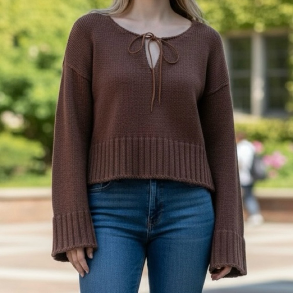 52 Weekends Brown Tie-Front Knit Sweater - Boho Cottagecore Ribbed Flare Sleeve